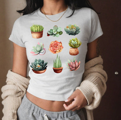 Succulent Baby Tee, Women's Y2K tee, Plants Baby Tee, Plants Baby Tee