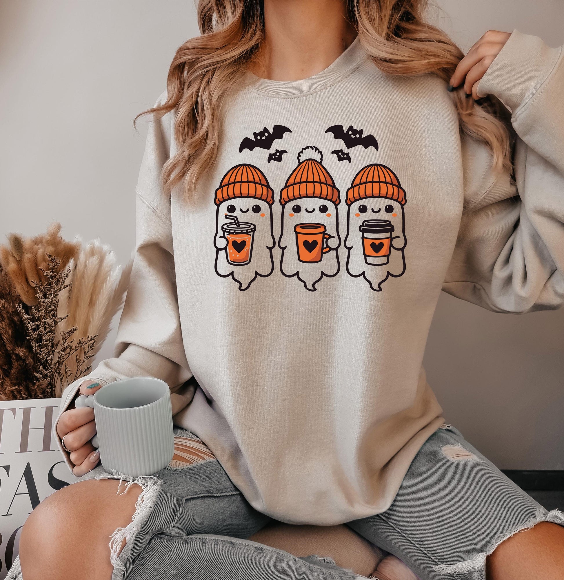 Cute Ghost Sweatshirt, Halloween Cozy Fall Sweater, Women's Halloween Apparel, Fall Season Outfit, Graphic Sweatshirt